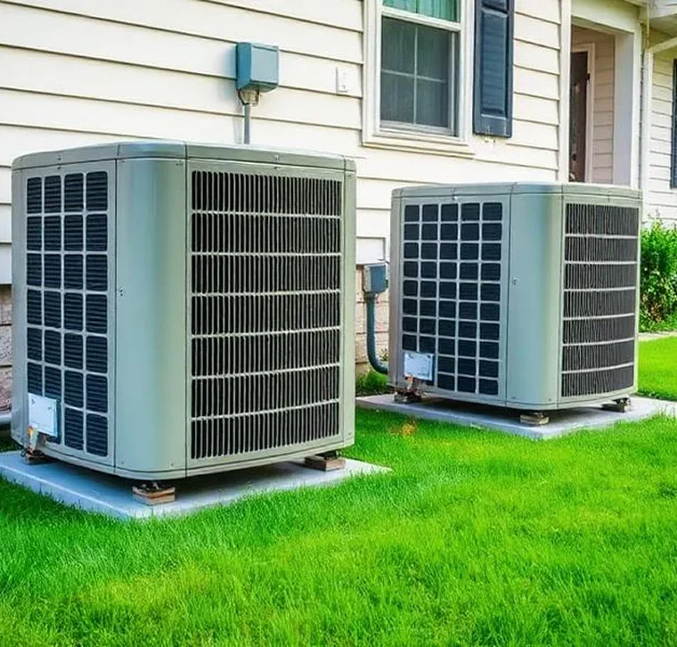 Two outdoor air conditioning units sit on a grassy area beside a beige house, showcasing their metal grilles and condenser designs
